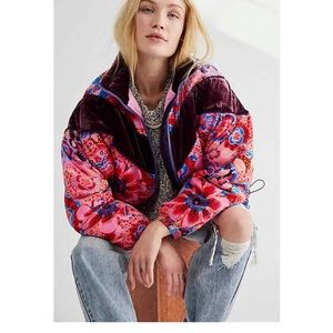 Free People Womens Sun Valley Bomber Puffer Floral Jacket Velvet Size L, NWT